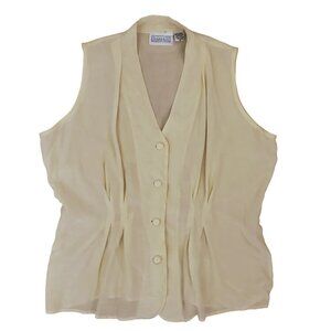 Christie & Jill Collarless V Neck Sleeveless Silk Blouse /w Pleated Detail